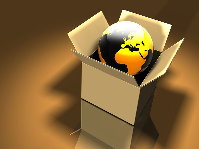 Globe in box symbolizing international moving